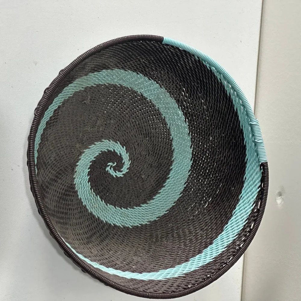 African Telephone Wire Bowl Handwoven Decorative‎ Swirl Basket Teal Brown